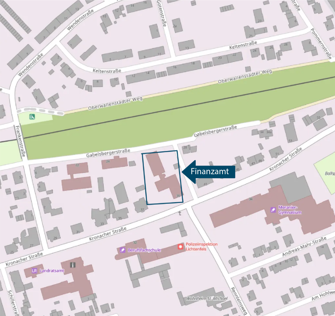  Stadtplan mit Markierung des Finanzamts Lichtenfels, Kronacher Straße 39